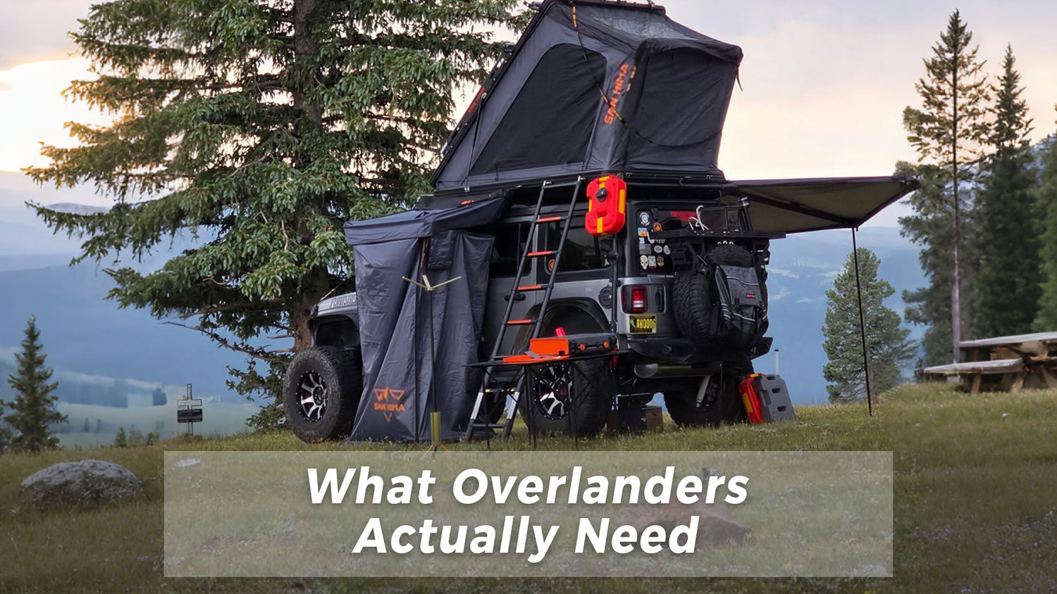 San Hima Kalbarri Gen 2 rooftop tent setup on a 4x4 vehicle in a remote outdoor camping environment