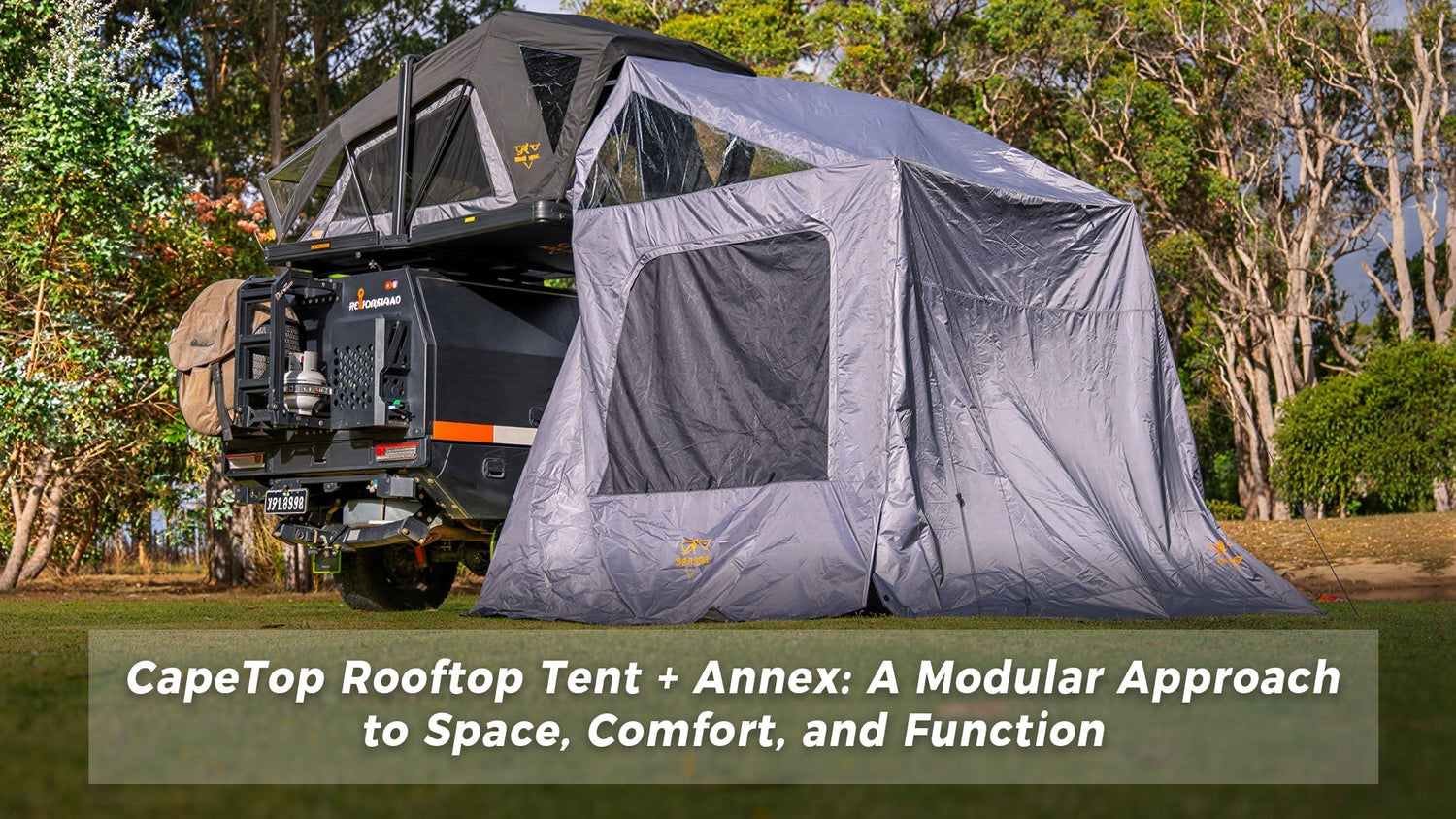 San Hima CapeTop rooftop tent with annex setup creating expanded camping space beside a vehicle