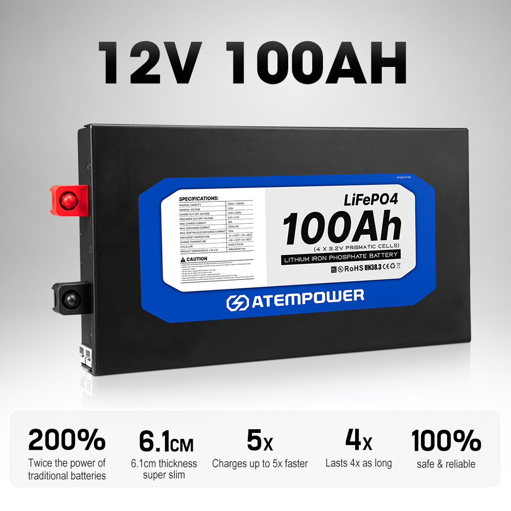 ATEMPOWER 100Ah 12V Slimline Lithium Battery LiFePO4 Deep Cycle Battery