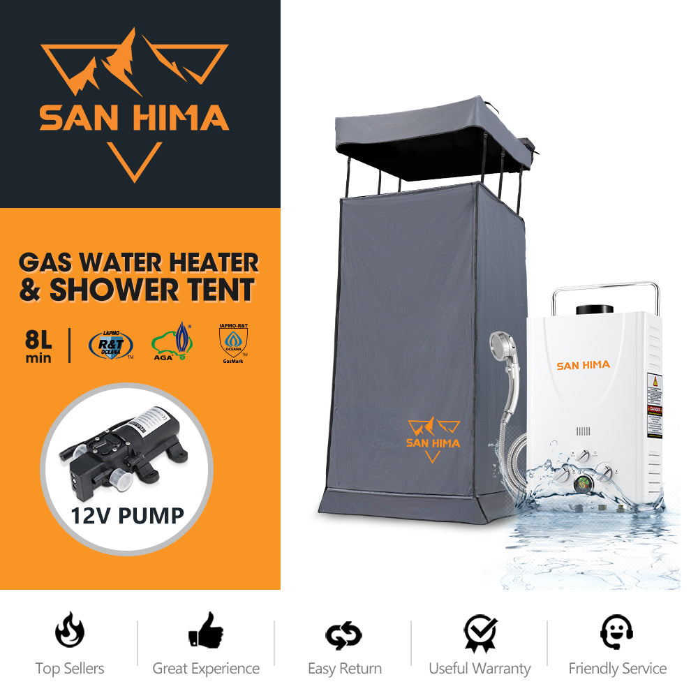 San Hima Camping Shower Tent Awning Fold-Out & 8L Gas Hot Water Heater