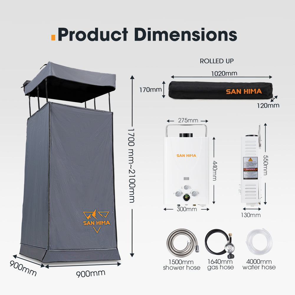 San Hima Camping Shower Tent Awning Fold-Out & 8L Gas Hot Water Heater