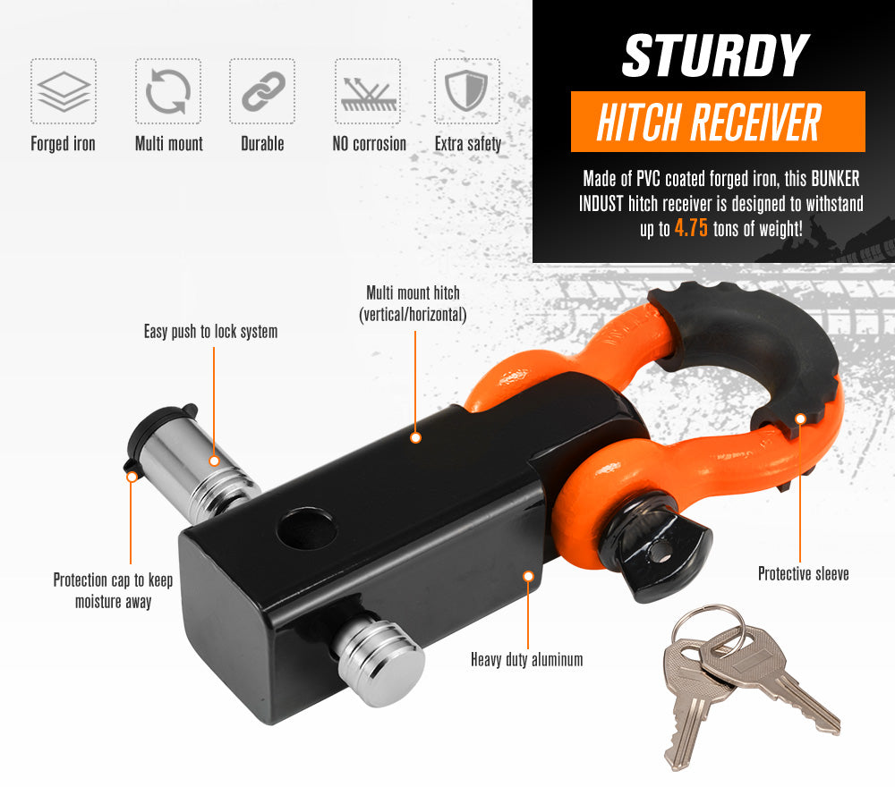 BUNKER INDUST 4WD Recovery Kit Snatch Strap Hitch Receiver Bow Shackles Off Road