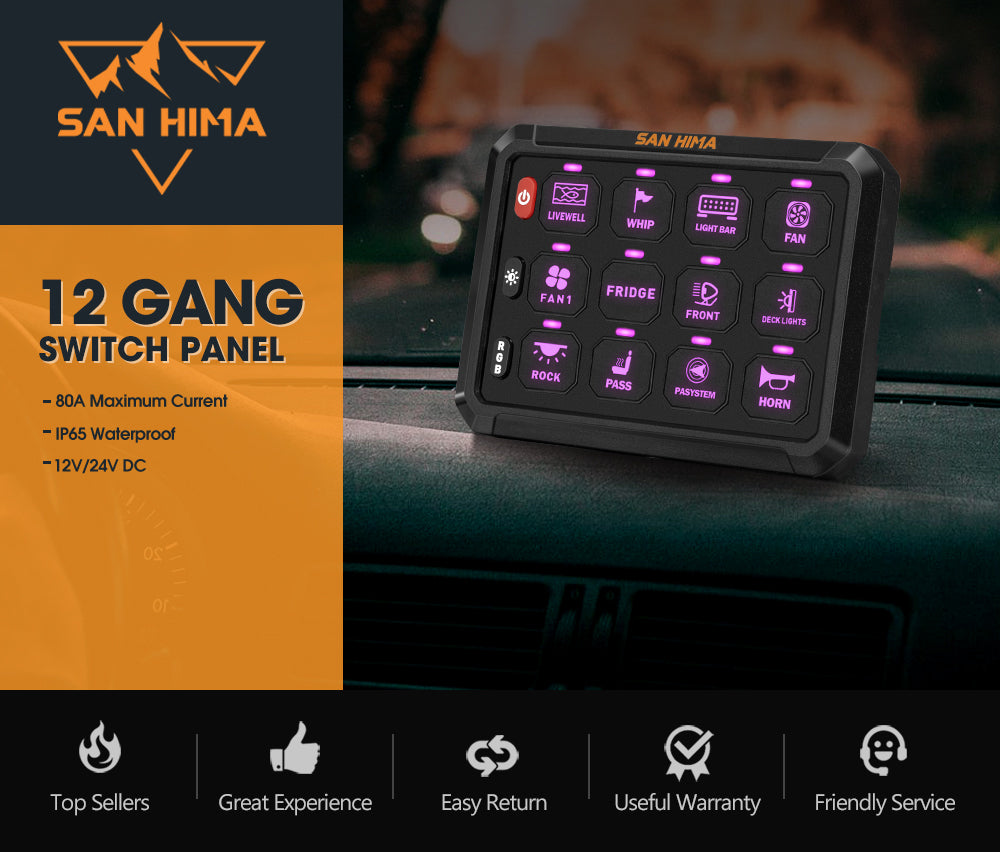 San Hima 12 Gang Bluetooth Switch Panel 12V/24V ON-OFF LED Control For Boat Car