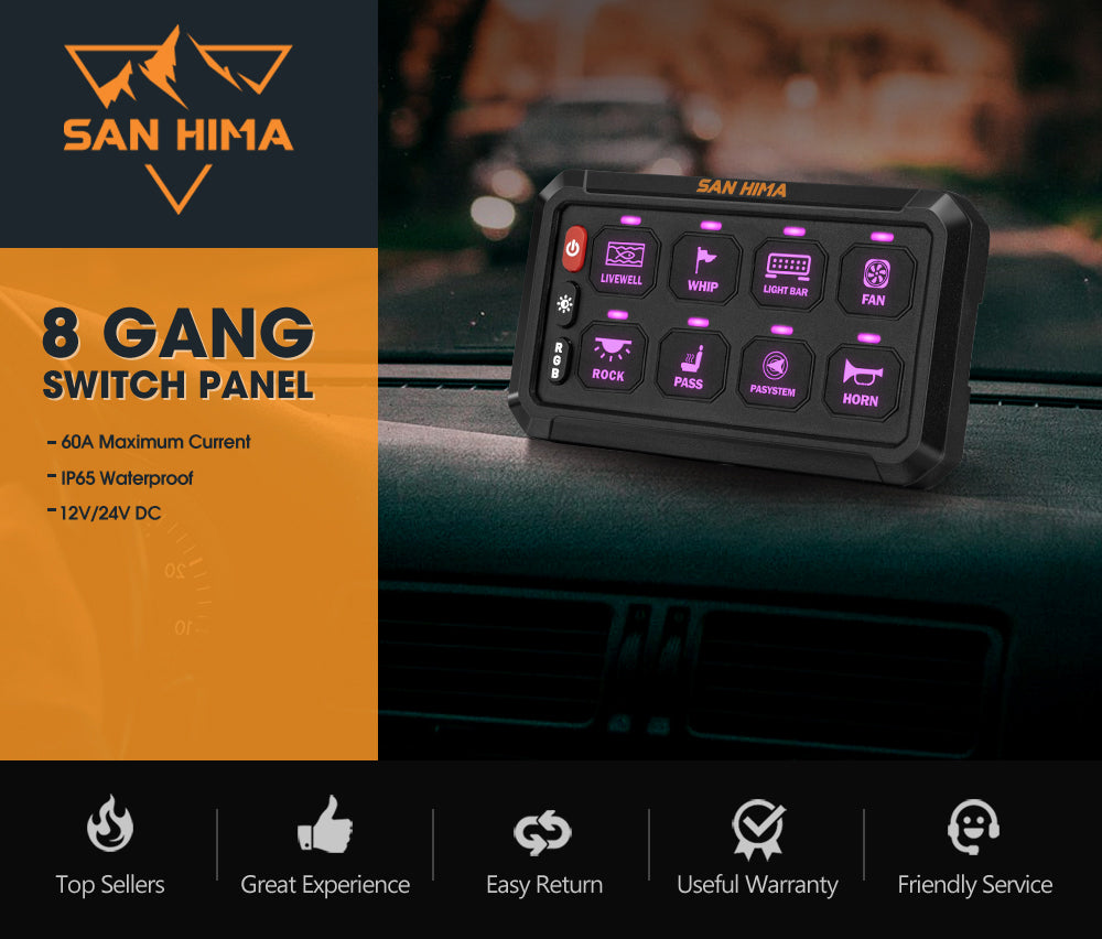 San Hima 8 Gang Bluetooth Switch Panel 12V/24V ON-OFF LED Control For Boat Car