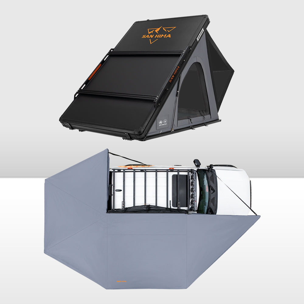 San Hima 270° Awning Driver Side + Kalbarri Lite Gen 2 Rooftop Tent + Rack