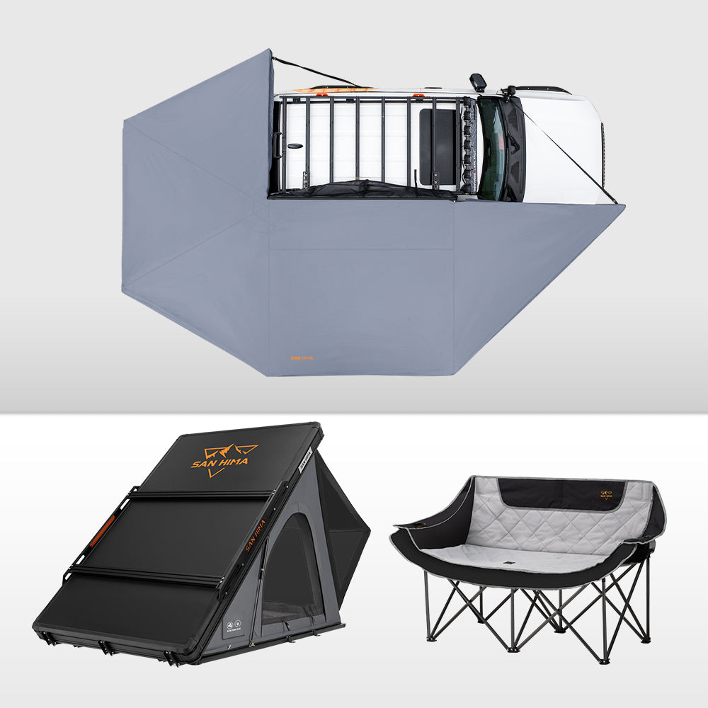 San Hima 270° Awning Driver Side + Rooftop Tent + Rack + Double Camping Chair