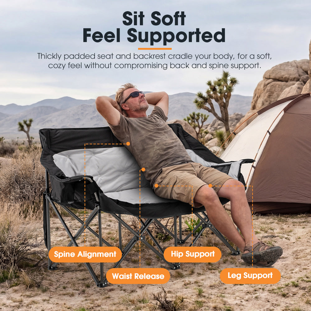 San Hima Folding Double Camping Chair Padded Portable Moon Chair Outdoor Black