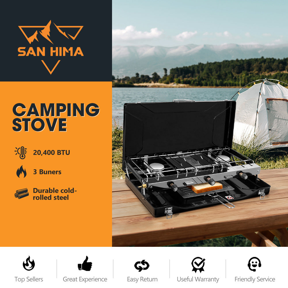 San Hima Camping Gas Stove Portable 3-Burner Outdoor BBQ Cooking 20400 BTU