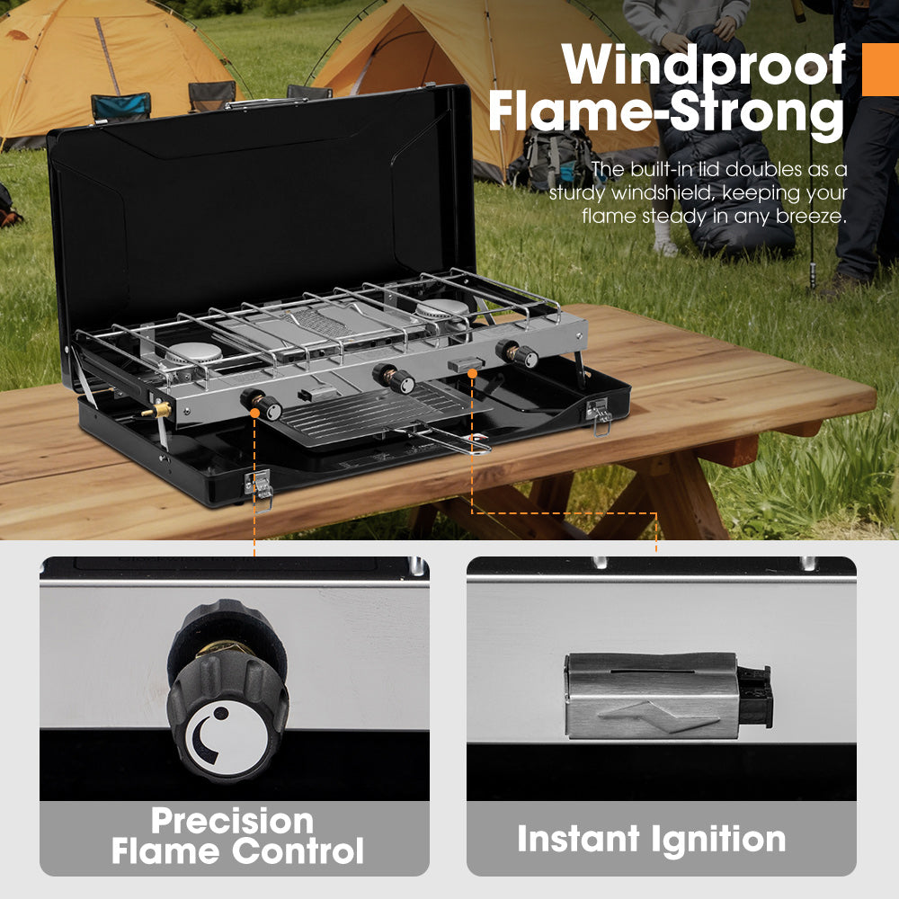 San Hima Camping Gas Stove Portable 3-Burner Outdoor BBQ Cooking 20400 BTU