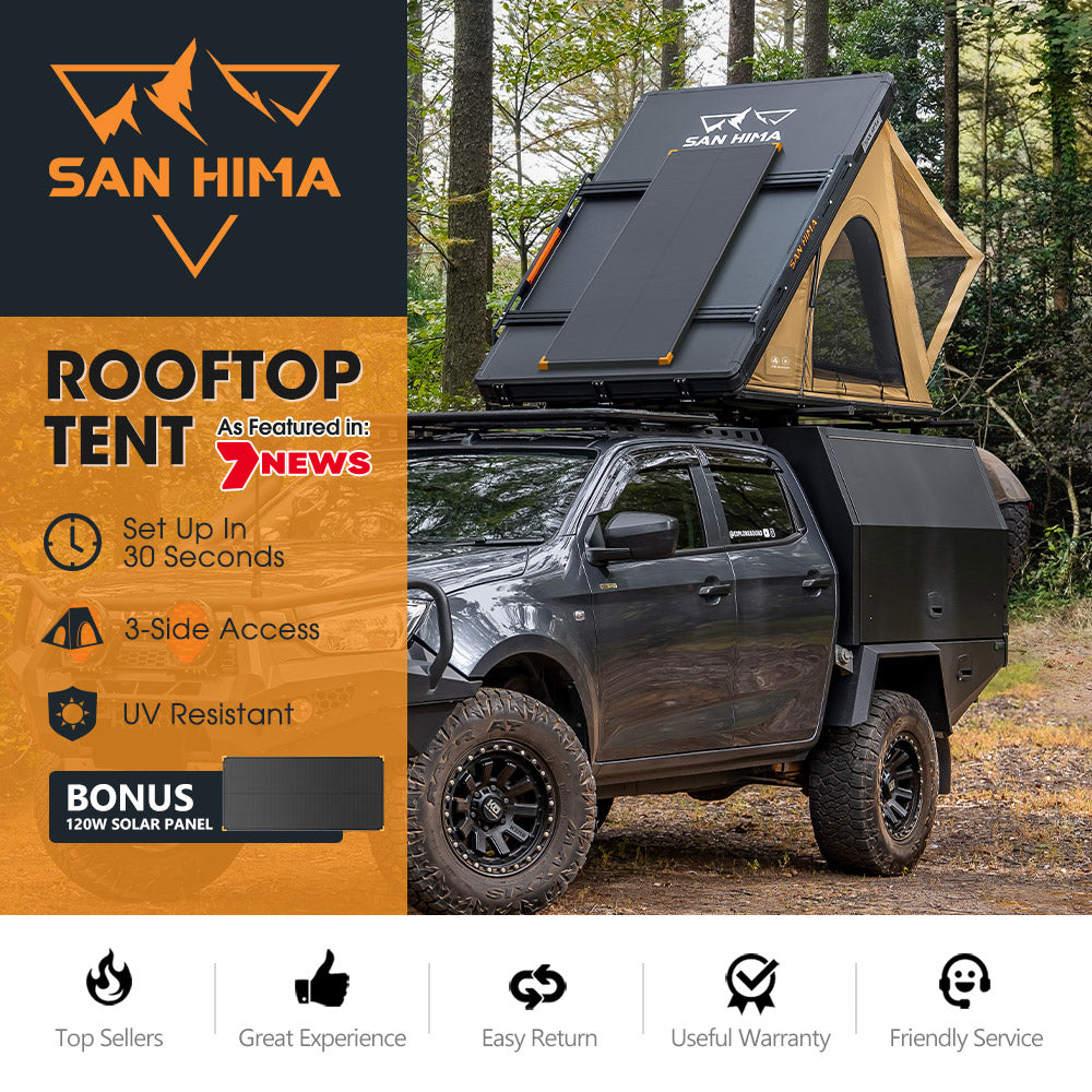 San Hima Kalbarri Lite Gen 2 Rooftop Tent + Rack & Ladder + 120W Solar Panel