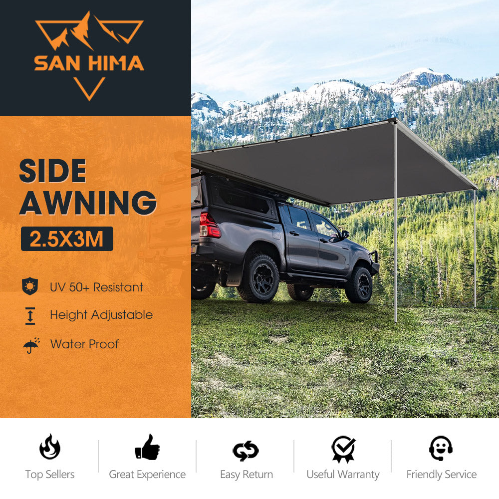 San Hima Car Side Awning 2.5x3m Pull-out Telescoping Poles Waterproof Camping