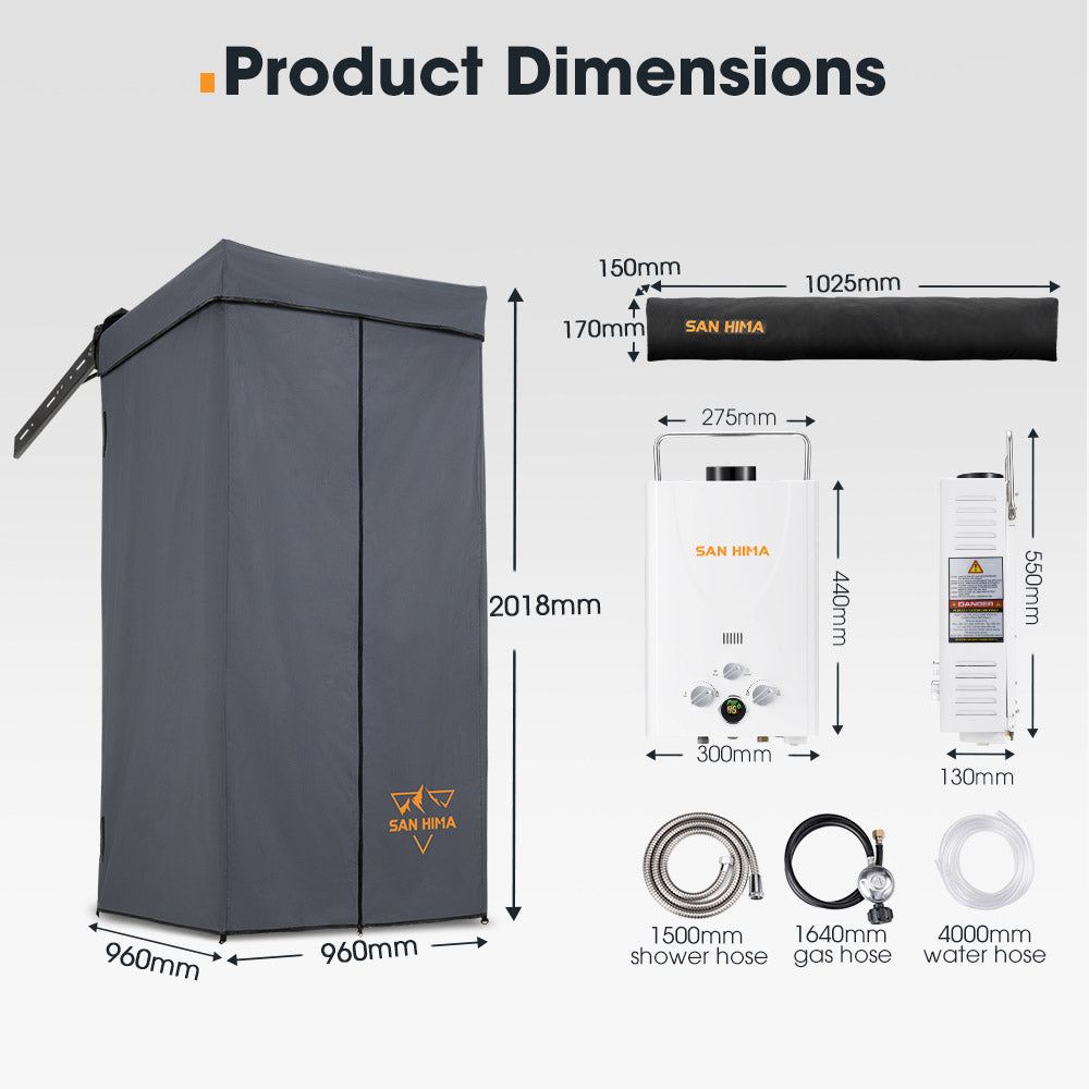 San Hima Shower Awning Tent Instant Fold-Out Ensuite & 8L Gas Hot Water Heater