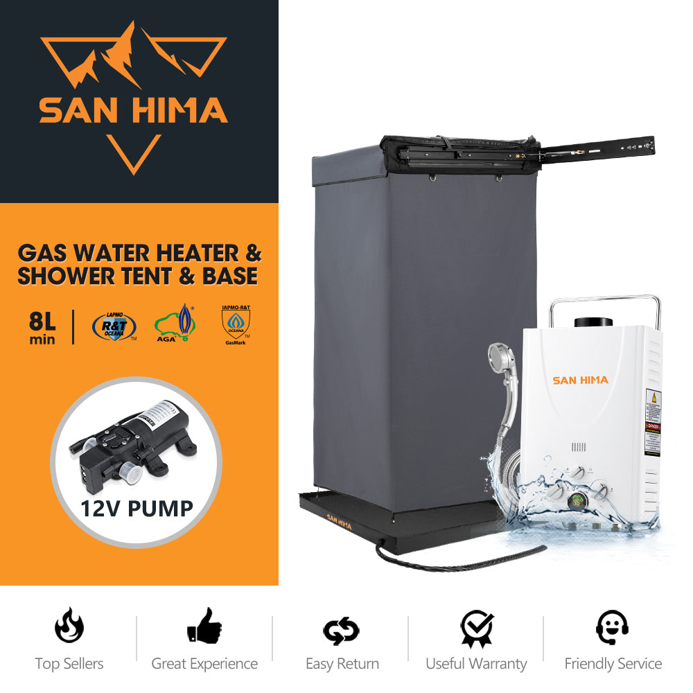 San Hima Shower Awning Instant Tent &Gas Hot Water Heater White&Shower Tent Base