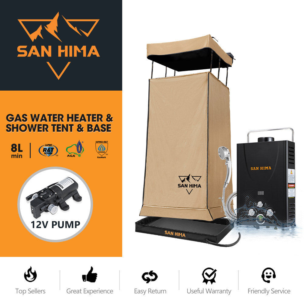 San Hima Camping Shower Tent Brown &Gas Hot Water Heater Black &Shower Tent Base