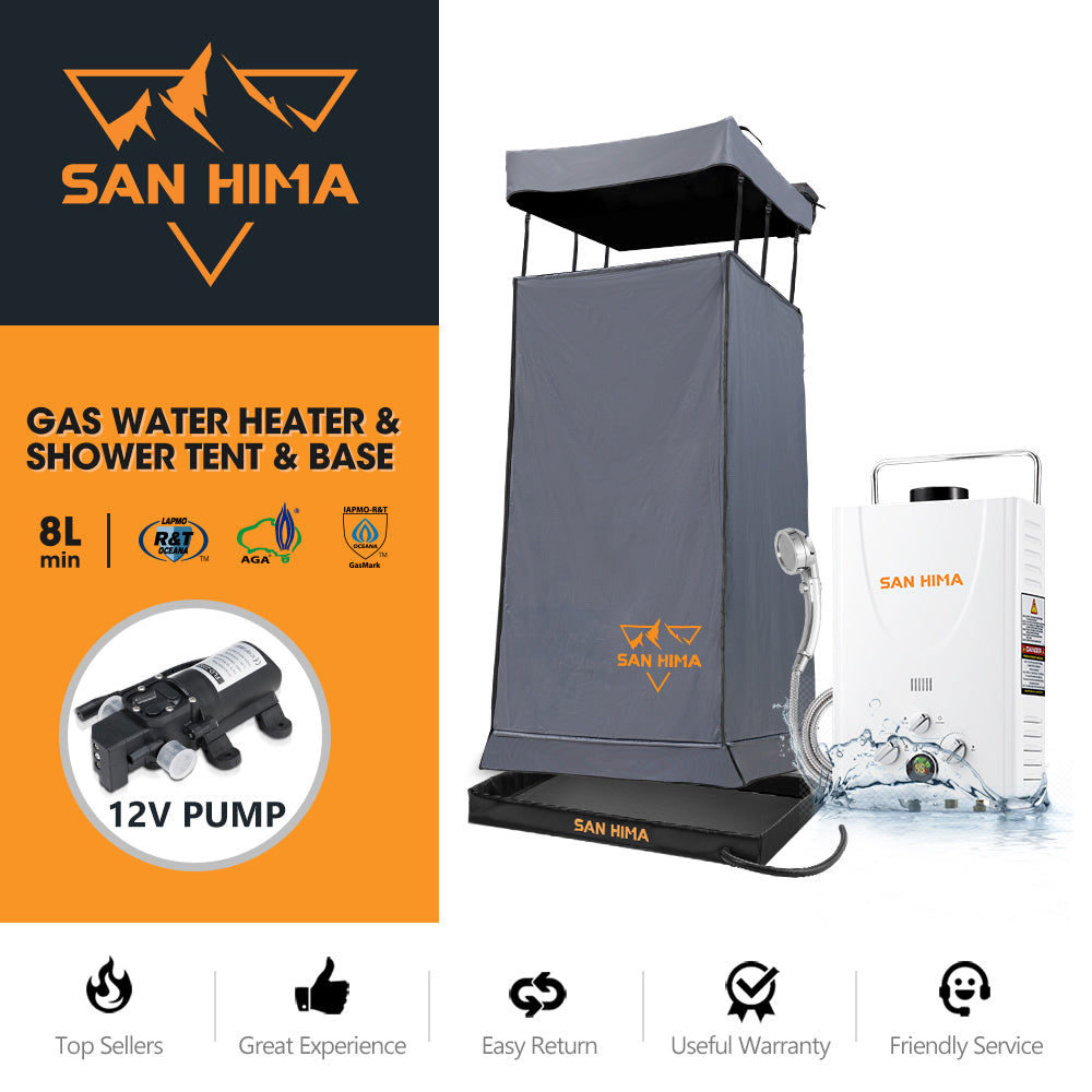 San Hima Camping Shower Tent Grey & Gas Hot Water Heater White &Shower Tent Base