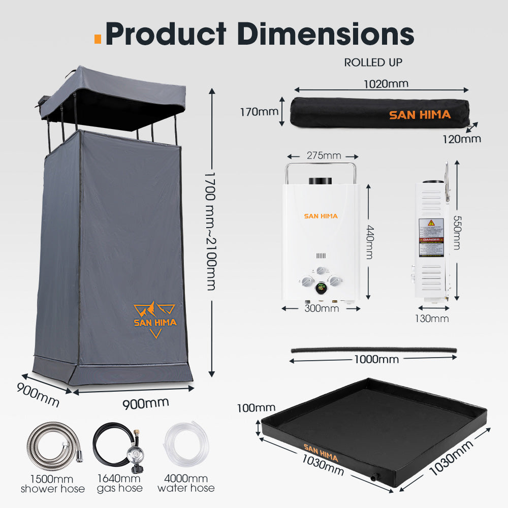 San Hima Camping Shower Tent Grey & Gas Hot Water Heater White &Shower Tent Base