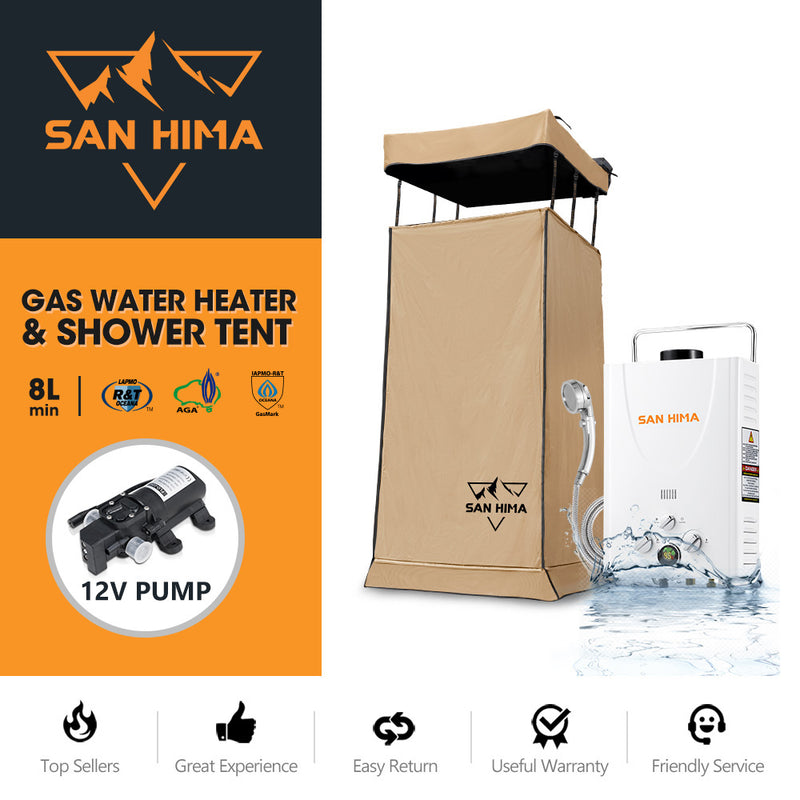 SAN HIMA Camping Awning Shower Tent Fold-Out Instant + 8L Gas Hot Water Heater White