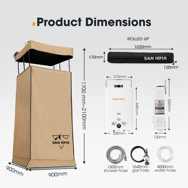 SAN HIMA Camping Awning Shower Tent Fold-Out Instant + 8L Gas Hot Water Heater White