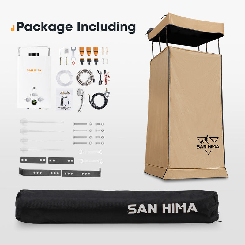 SAN HIMA Camping Awning Shower Tent Fold-Out Instant + 8L Gas Hot Water Heater White