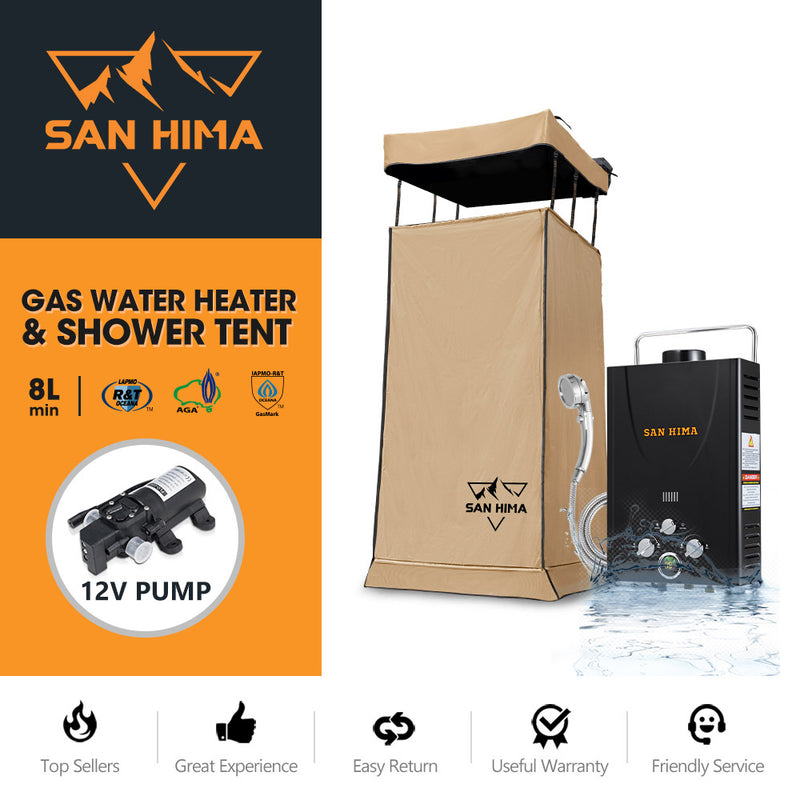 SAN HIMA Camping Shower Tent Awning Instant Fold-Out With 8L Gas Hot Water Heater Black