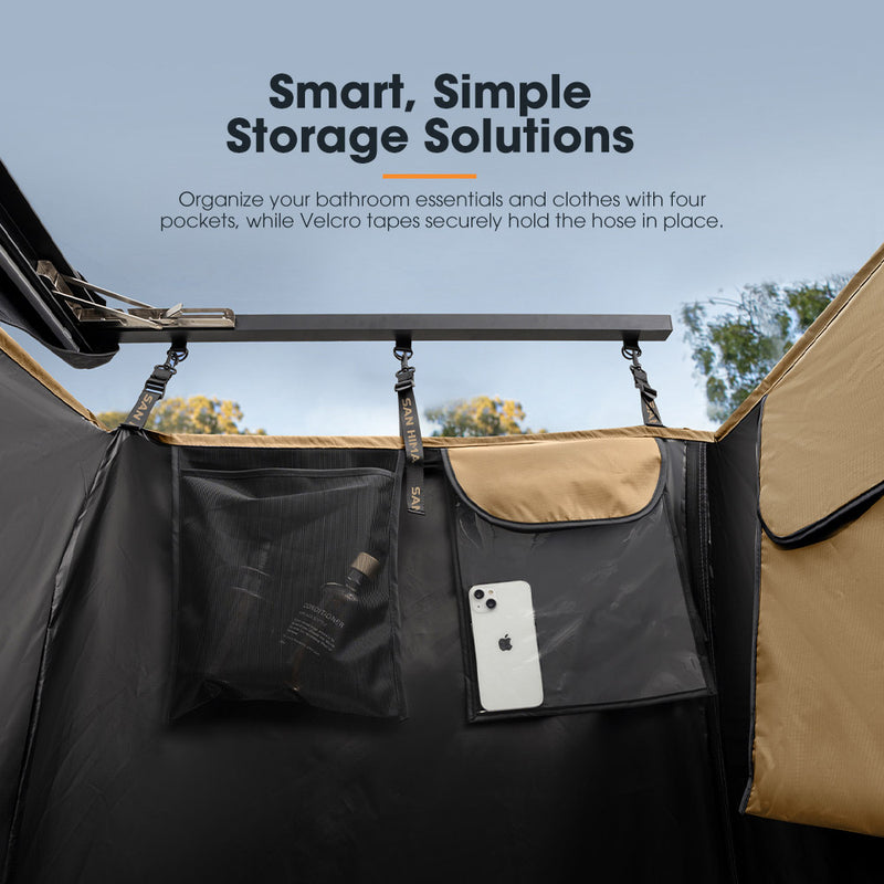 SAN HIMA Camping Shower Tent Awning Instant Fold-Out With 8L Gas Hot Water Heater Black