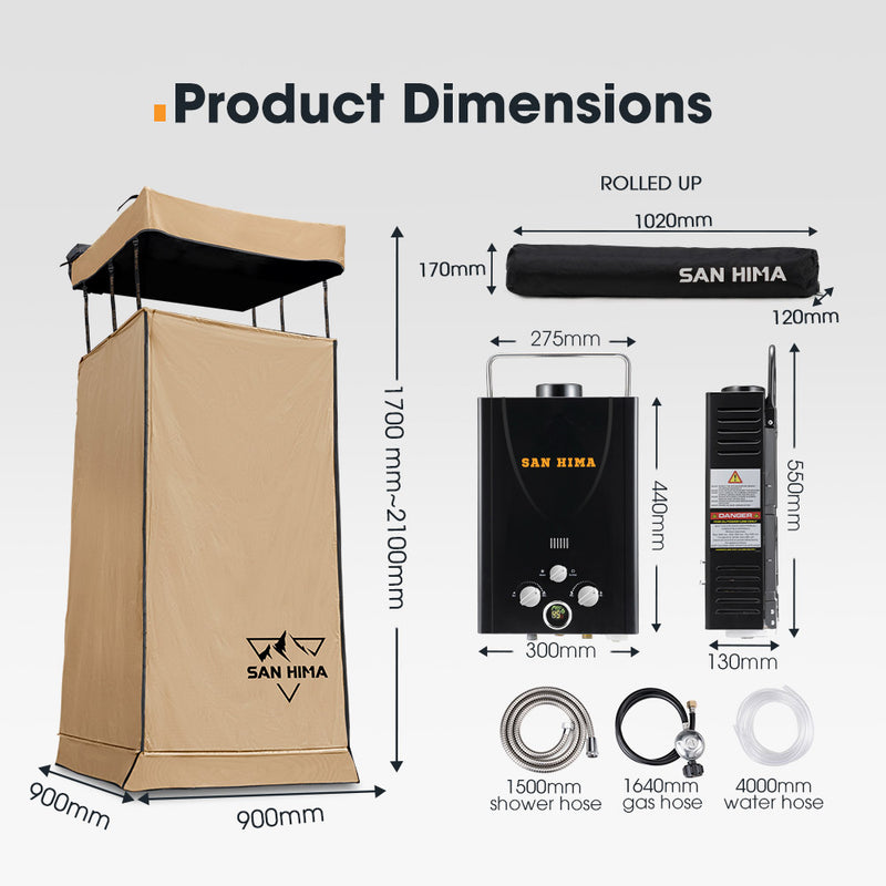 SAN HIMA Camping Shower Tent Awning Instant Fold-Out With 8L Gas Hot Water Heater Black