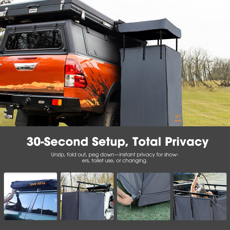 San Hima Camping Shower Tent Awning Fold-Out + Portable 8L Gas Hot