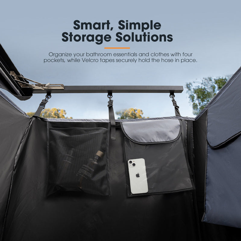 San Hima Camping Shower Tent Awning Fold-Out + Portable 8L Gas Hot