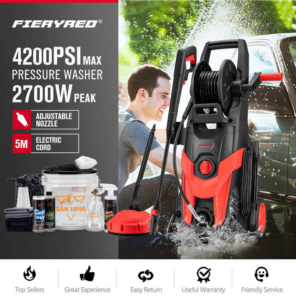2700W Peak High Pressure Washer Cleaner Red 4200PSI + 10PCS Car Cleaning Kit