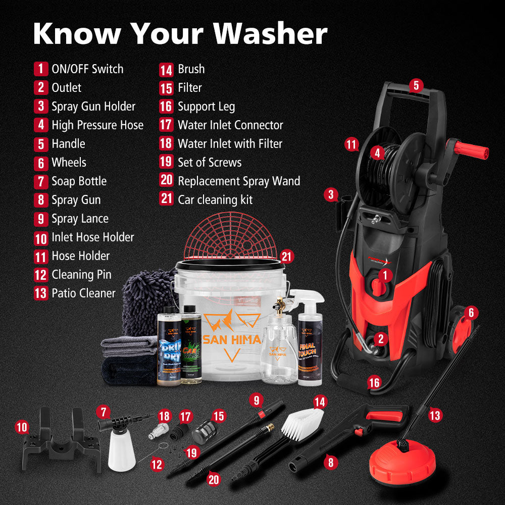 2700W Peak High Pressure Washer Cleaner Red 4200PSI + 10PCS Car Cleaning Kit