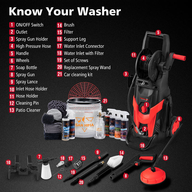 2700W Peak High Pressure Washer Cleaner Red 4200PSI + 18PCS Car Cleaning Kit