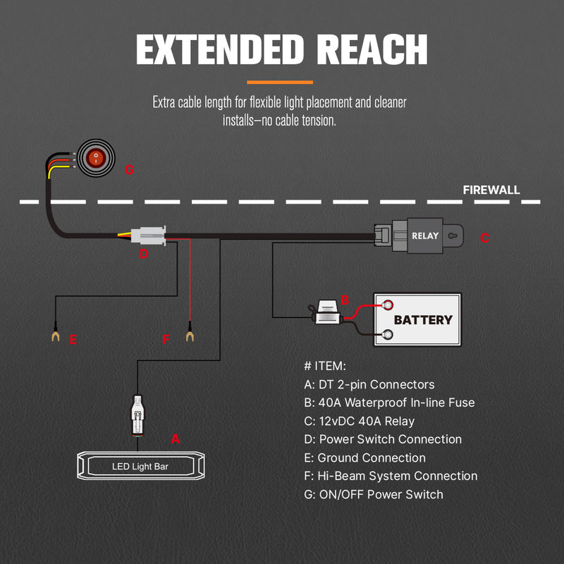 Lightfox 1 Way High Beam Wiring Harness w/ DT 2-Pin Connector For LED Light Bar