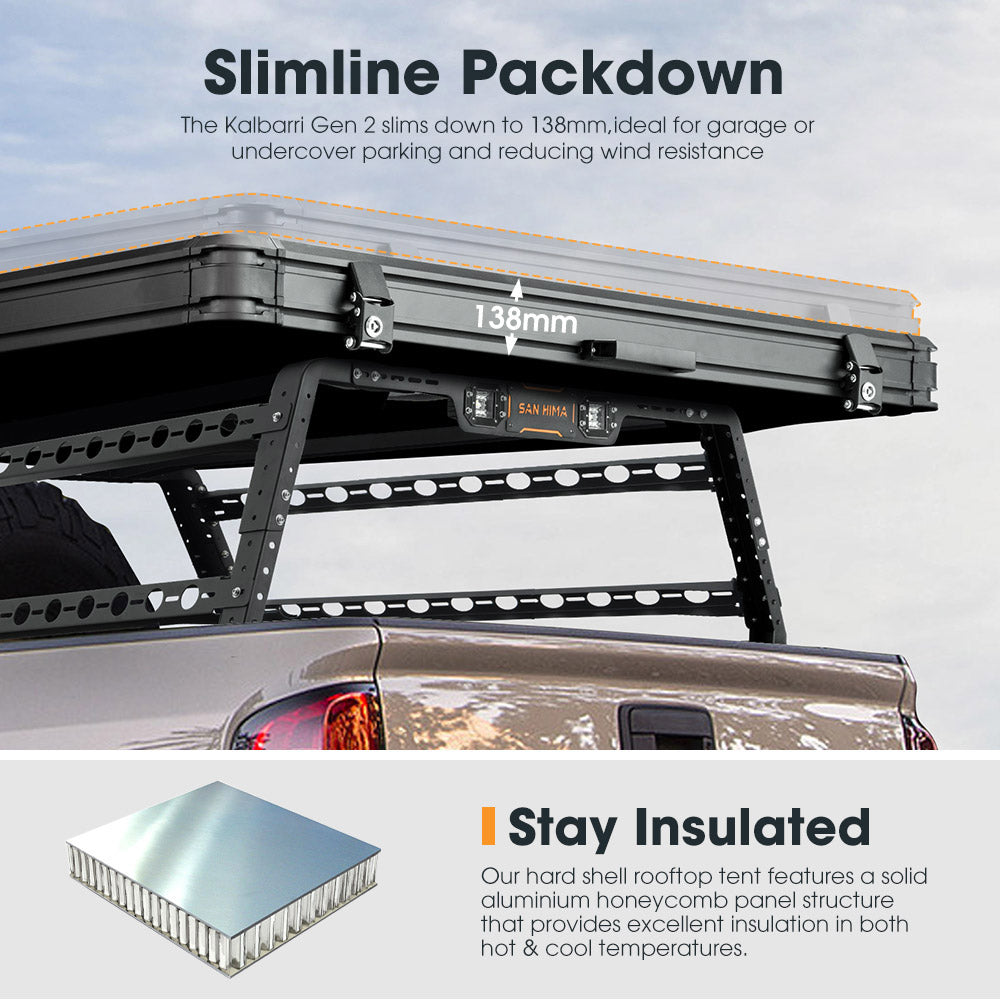 San Hima Kalbarri Gen 2 Roof Top Tent Hard Shell + Universal Ute Tub Rack
