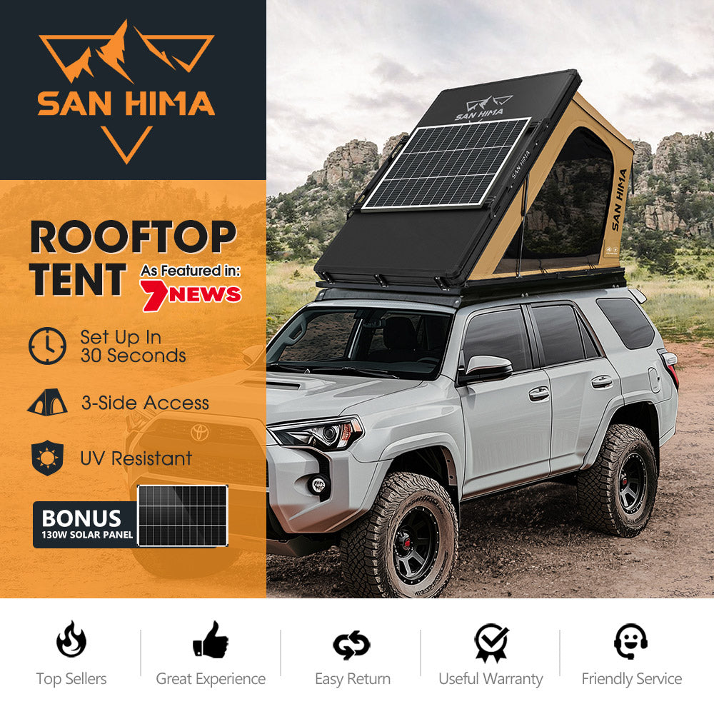 San Hima Kalbarri Gen 2 Roof Top Tent Khaki Hardshell + 130W Solar Panel