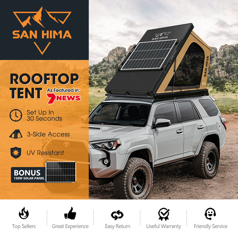 San Hima Kalbarri Gen 2 Roof Top Tent Khaki Hardshell + 130W Solar Panel