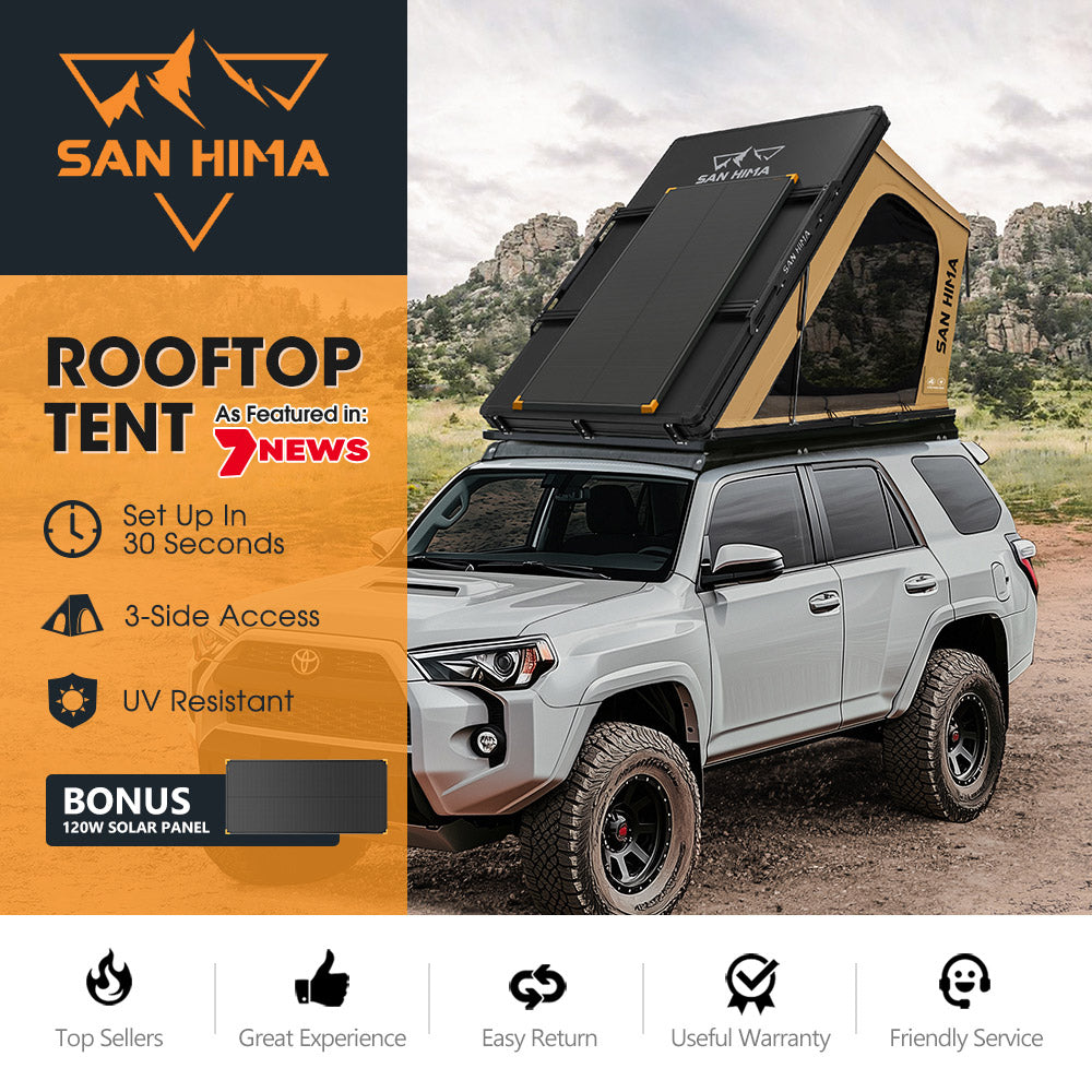 San Hima Kalbarri Gen 2 Roof Top Tent Khaki Hardshell + 120W Solar Panel