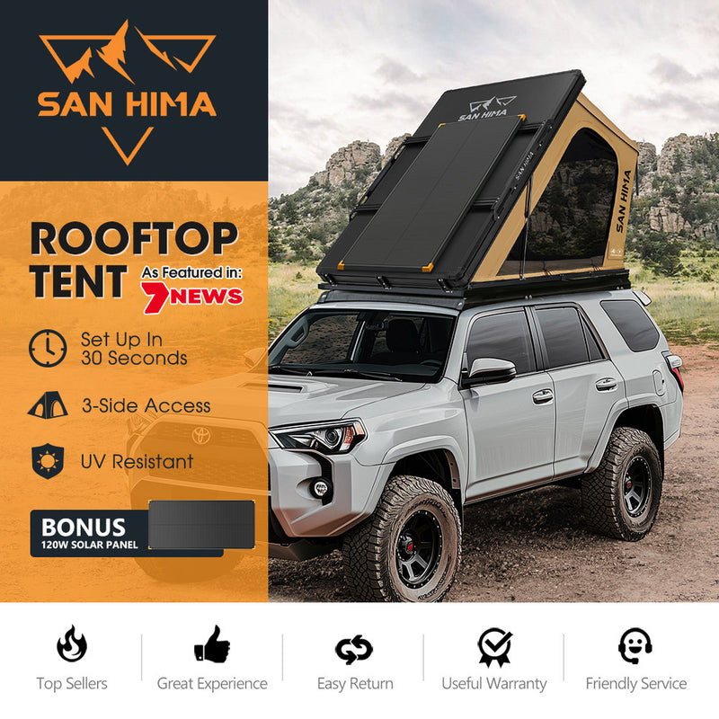 San Hima Kalbarri Gen 2 Roof Top Tent Khaki Hardshell + 120W Solar Panel