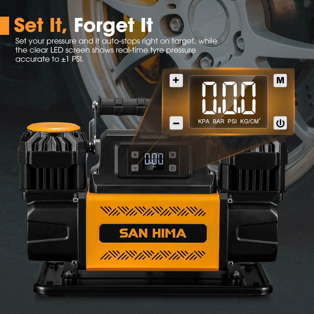 San Hima 12V Dual Cylinders Air Compressor 350L/min 150PSI Portable Digital