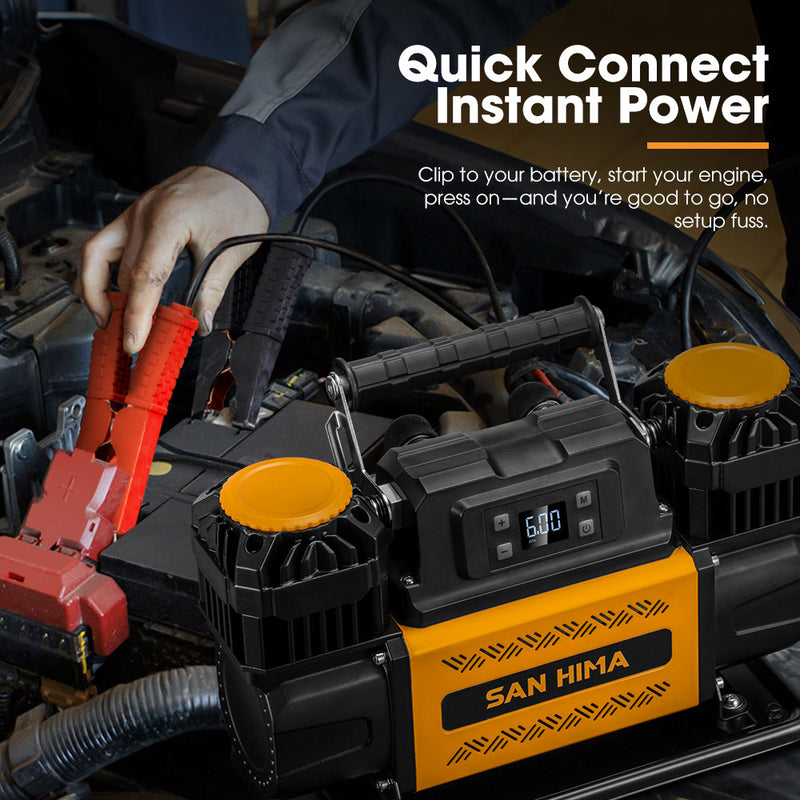 San Hima 12V Dual Cylinders Air Compressor 350L/min 150PSI Portable Digital
