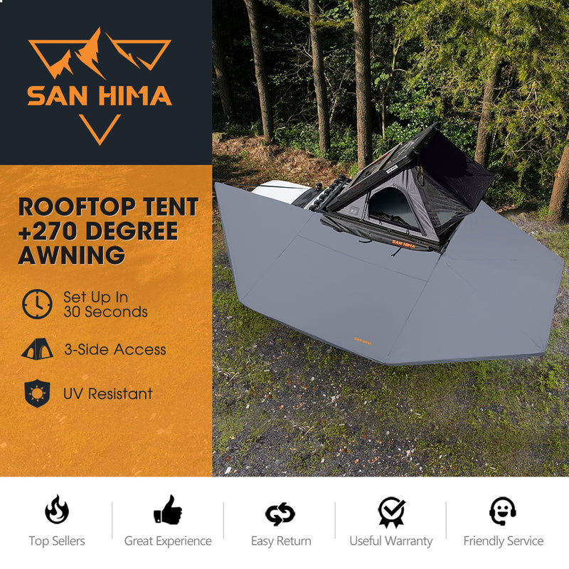 San Hima 270° Awning Passenger Side + Rooftop Tent + Rack + Double Camping Chair