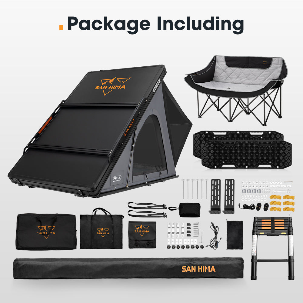 San Hima 270° Awning Passenger Side + Rooftop Tent + Rack + Camping Chair + Recovery Boards