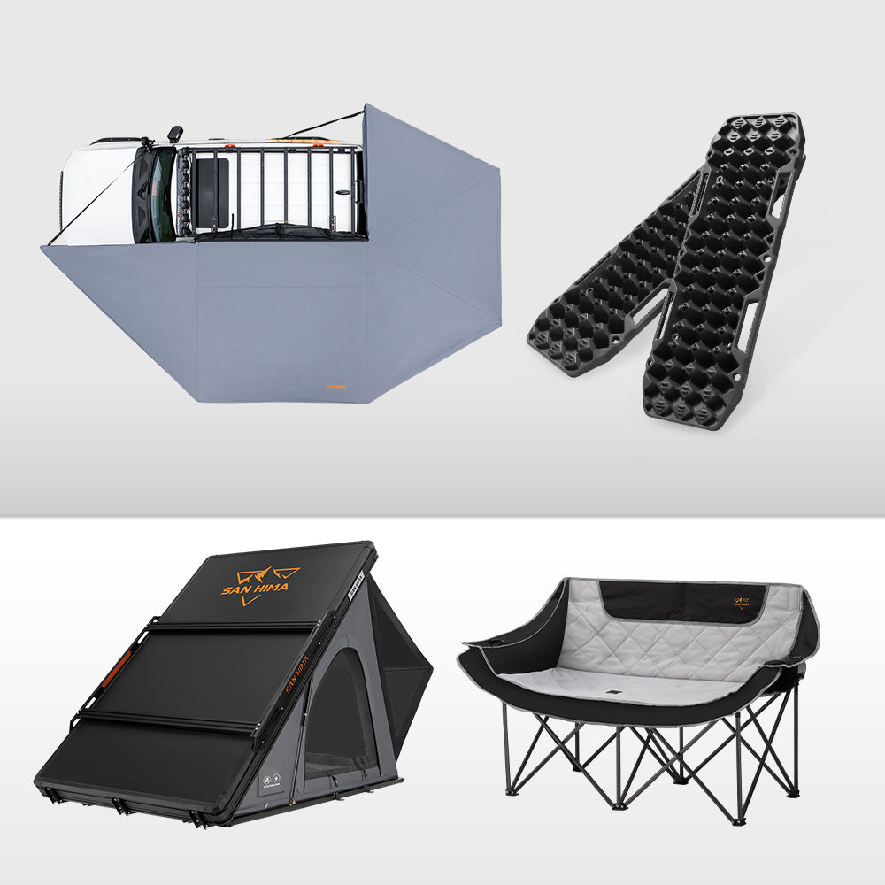 San Hima 270° Awning Passenger Side + Rooftop Tent + Rack + Camping Chair + Recovery Boards