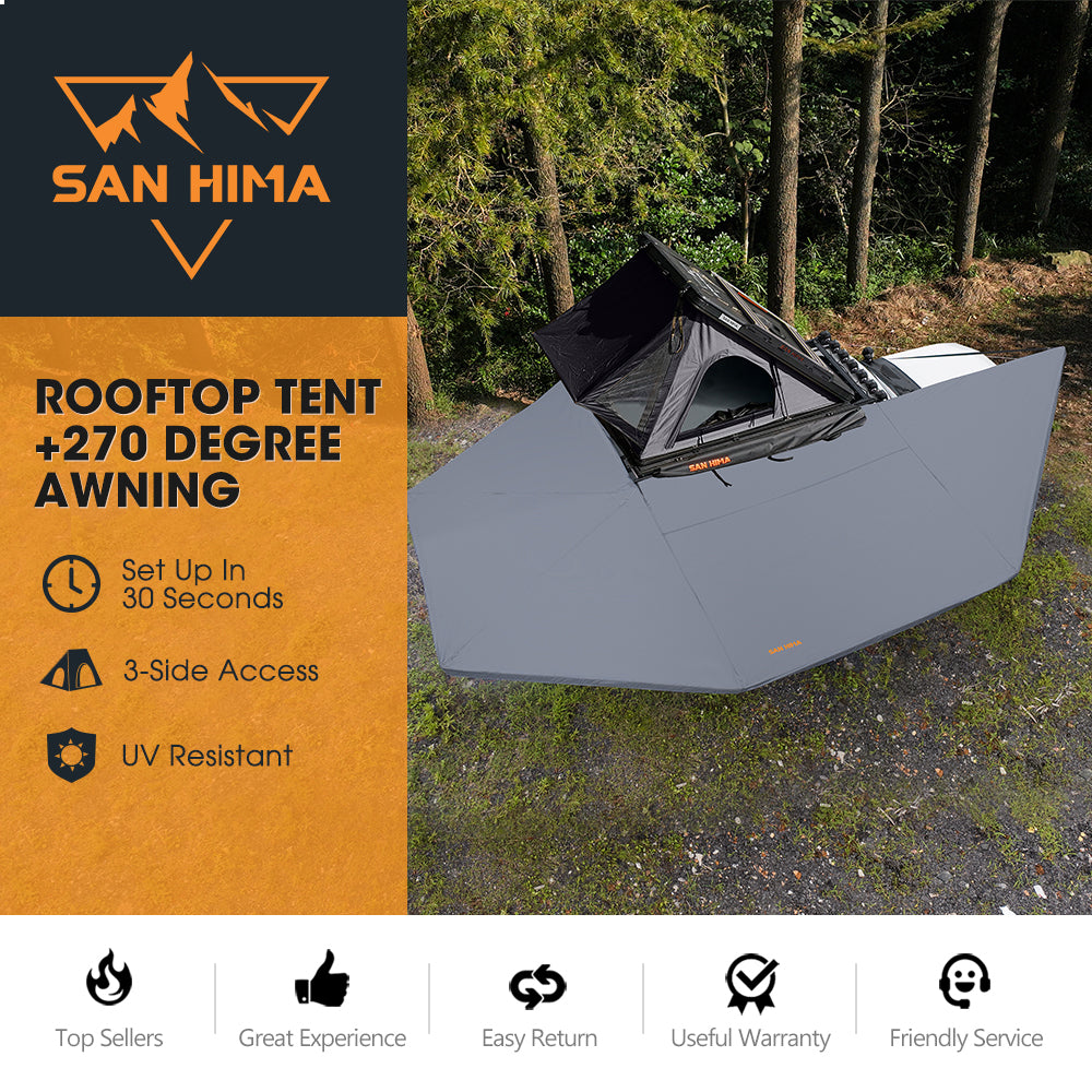 San Hima 270° Awning Driver Side + Kalbarri Lite Gen 2 Rooftop Tent + Rack