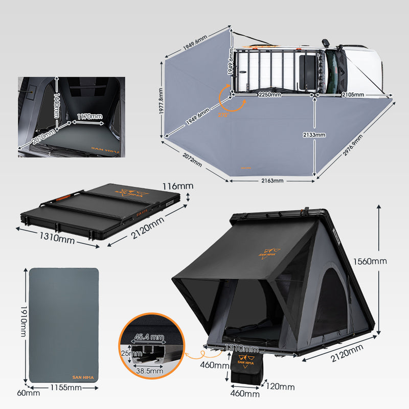 San Hima 270° Awning Driver Side + Rooftop Tent + Rack + Double Camping Chair