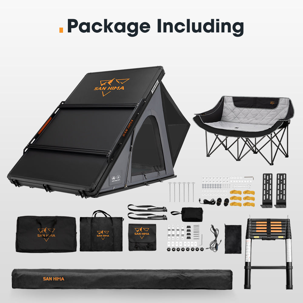 San Hima 270° Awning Driver Side + Rooftop Tent + Rack + Double Camping Chair