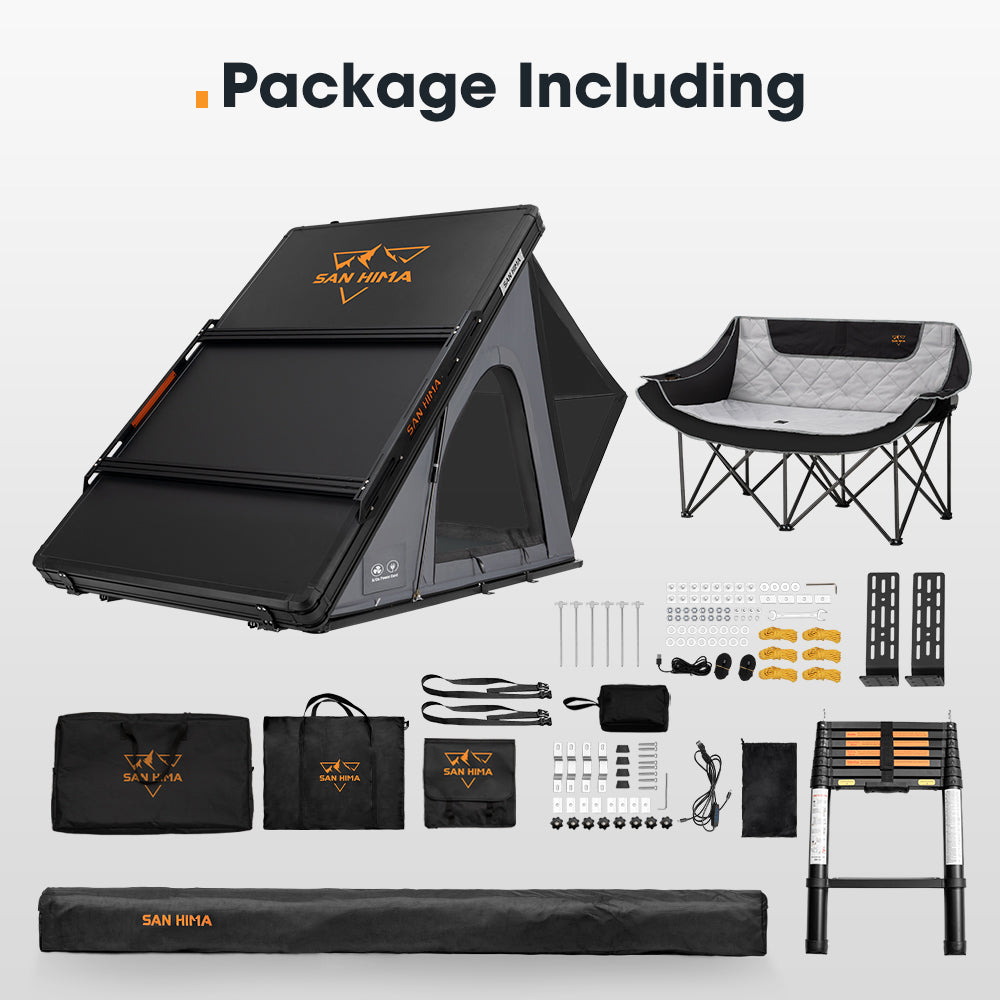 San Hima 270° Awning Driver Side + Rooftop Tent + Rack + Double Camping Chair