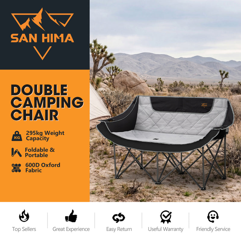 San Hima Folding Double Camping Chair Outdoor Portable Moon Chair 2 Seater Black