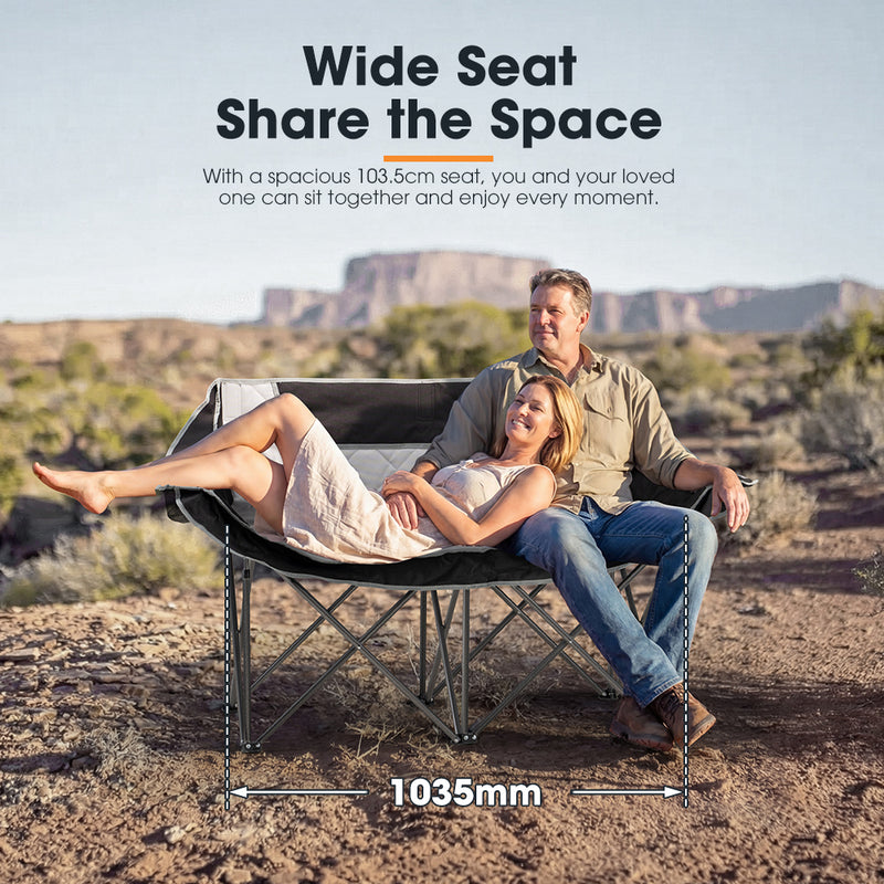 San Hima Folding Double Camping Chair Outdoor Portable Moon Chair 2 Seater Black