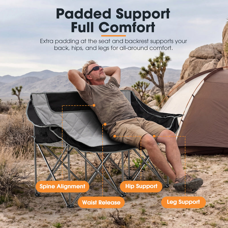 San Hima Folding Double Camping Chair Outdoor Portable Moon Chair 2 Seater Black