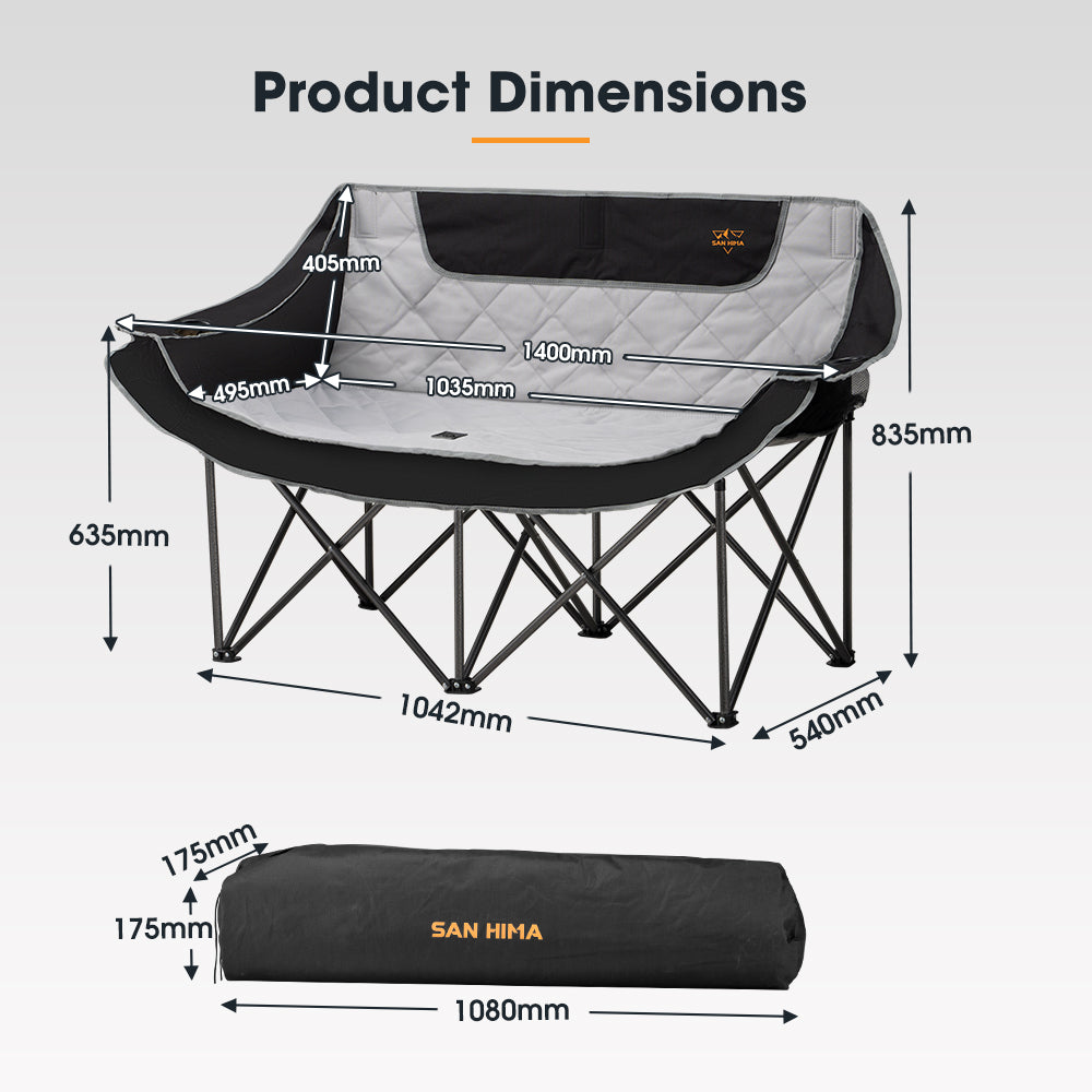 San Hima Folding Double Camping Chair Outdoor Portable Moon Chair 2 Seater Black